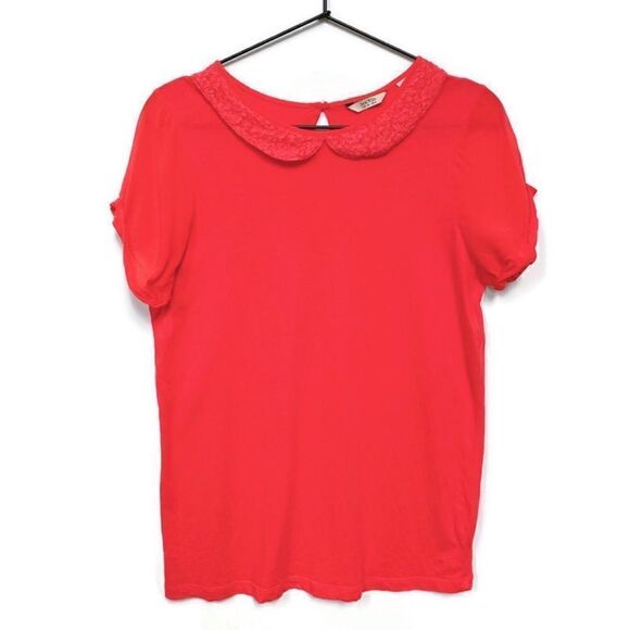 Jack Wills Short Sleeve Lace Collar Tee Shirt Top Preppy Pink / Red 6 - Picture 1 of 13